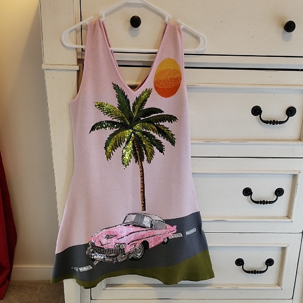 QUEEN OF SPARKLES Pink and Green Tank Dress with Palm Tree Design